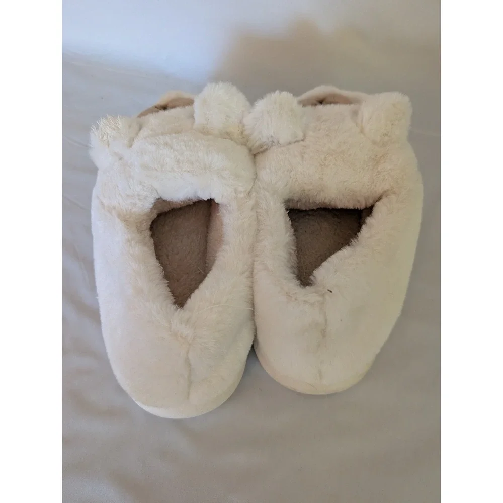Kids Cream Fuzzy Plush Bear Slippers Faux Fur Animal Face House Shoes Size 5